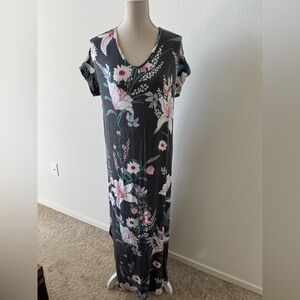 LuLaRoe Charcoal Maxi Dress with Pink and White Floral Print